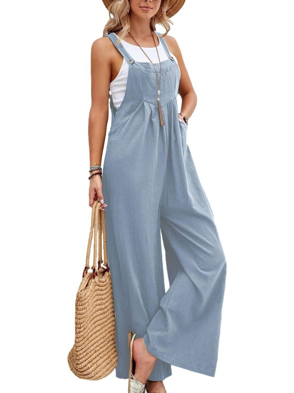 Women's Cotton Bib Overalls Summer Wide Leg Jumpsuit Romper - Casual Chic Style